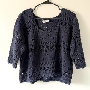 Spiegel Vintage Navy Blue Cotton Open Crochet Knit Sweater 3/4 Slv LG Nautical